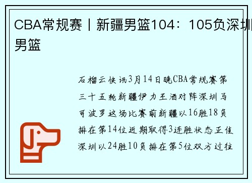 CBA常规赛丨新疆男篮104：105负深圳男篮
