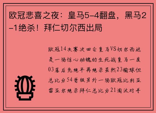 欧冠悲喜之夜：皇马5-4翻盘，黑马2-1绝杀！拜仁切尔西出局